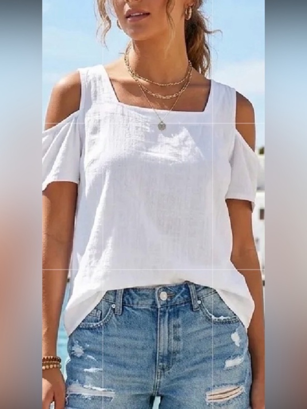 Cottonseed woven textured cotton top  Sz M Cold shoulder Coastal Beach